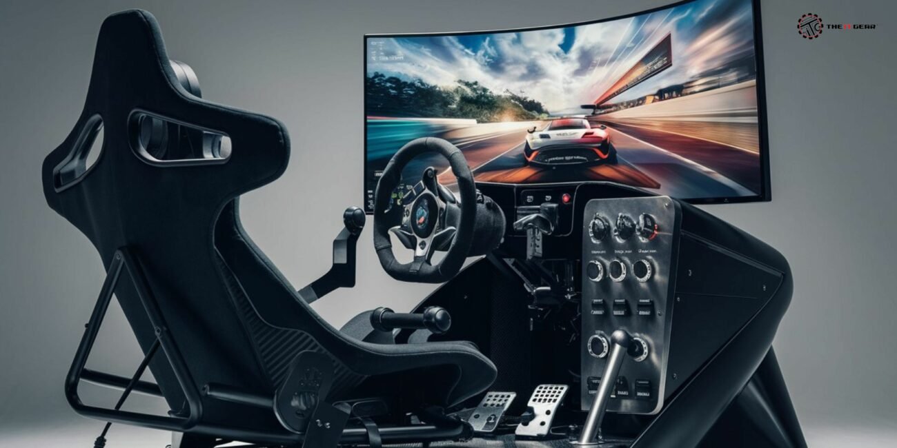 Racing Simulator Setup with Wheel, Pedals, Seat & Monitor